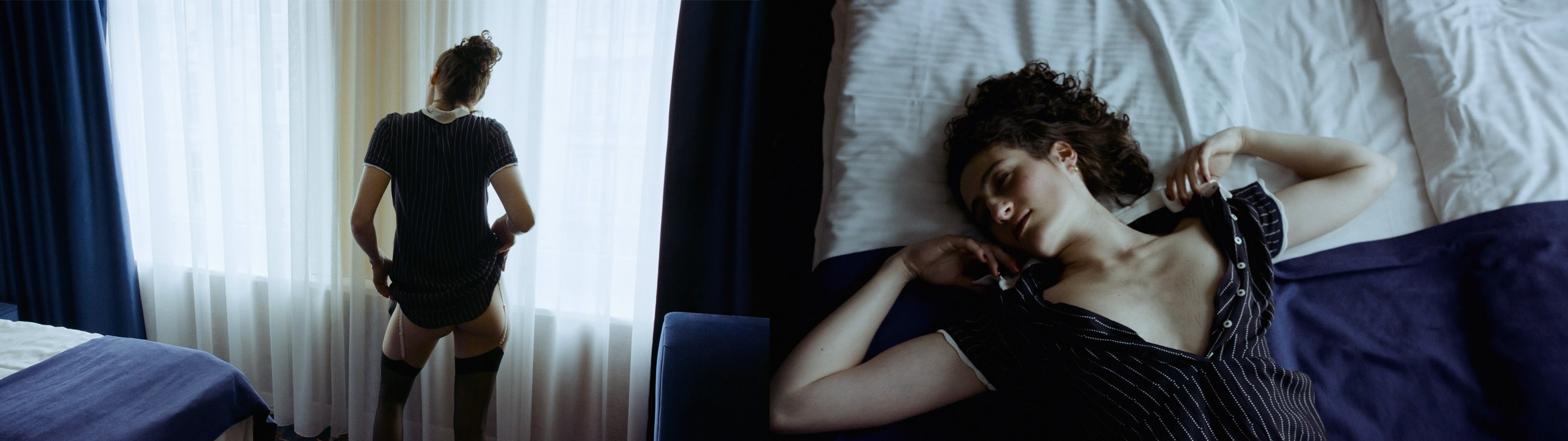 Left: The slender silhouette of independent escort Niki Blau is seen in backlight, wearing a dress and garter belt, standing in front of a window in a blue hotel room. Right: Niki Blau is lying on the bed in the same hotel room. Her arms are bent, her eyes closed.